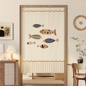 VIKAMA Nhật Bản Flax Linen Noren Rèm Thiết Kế Hình Cá Đôi Nghệ Thuật Tối Giản Rèm Cửa Nền Màu Be Màu Đỏ Cá Chép Xanh Cho Phòng Ngủ
