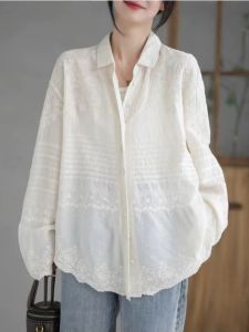 New Vintage Spring Autumn Pure Cotton Long Sleeve Polo Collar Embroidery Shirt 3D Thread Stitching Artistic White Top