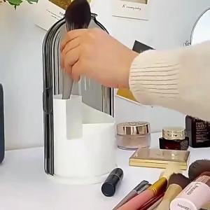 360° Rotating Makeup Brush Holder with Lid Clear Dustproof Make Up Organizers for Vanity Bathroom Countertop