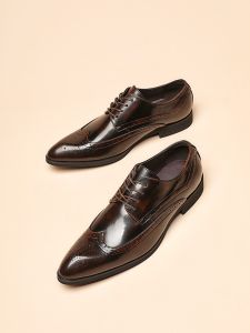 British Style Business Formal Leather Shoes Mens Polished Carved Brogue Handmade Derby Shoes Sharp Pointed Toe Office Wear