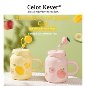 Cute Ceramic Mug With Lid and Straw Anti-Scald