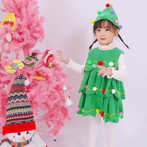 Christmas Costume for Baby Girl 4-13years old Christmas Tree Costume for Kids Girl Dress Outfit Christmas Cosplay Performance Costume Party Clothes Hat and Dress Green Tree XMas Costume