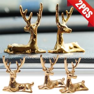2Pcs Golden Mini Deer Car Ornament DIY Home Office Desktop Elegant Elk Figurine Dashboard Decoration Auto Interior Accessories