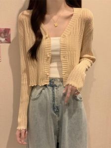 Summer Womens Knitted Cardigan Short Sleeveless V-neck Slim Fit Air Conditioning Outerwear Fashionable Top White Long Sleeve Sun Protection