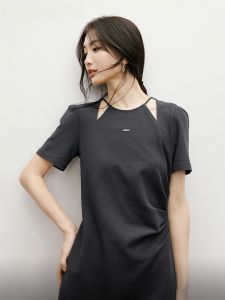 Red Sleeve Summer New Womens Bubble Sleeve Waist Cinching round Neck Pullover Dress H Version Short Sleeve mid Length Skirt