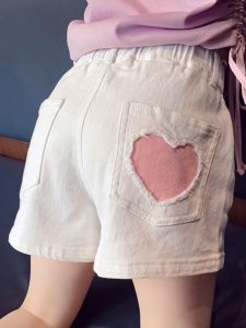 กางเกงขาสั้นเด็กผู้หญิงฤดูร้อน กางเกงยีนส์ทรงหัวใจแฟชั่นสำหรับเด็ก กางเกงขายาวแบบสวมขากว้าง ทรงสลิมฟิต เอวยางยืด ผ้าฝ้ายผสม