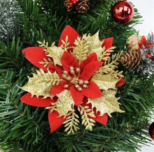 Hoa Đỏ nhũ kim tuyến nhân tạo 14cm trang trí NOEL giáng sinh giỏ quà TẾT ( Ảnh + video tự chụp )