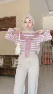 Zavora OOTD Alika Stripe 4in1 Set Korean Style ( Tas+Bella Square+Blouse Alika+Celana Knit ) Setelan Hangout Wanita Kekinian Terbaru - Set AB417