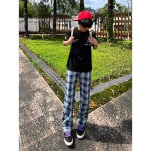 LIUBU | Slim Vintage Blue Plaid Summer Trousers