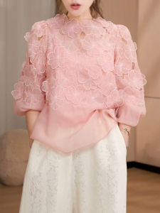 French Style Floral Print 3D Flower Womens Shirt Luxury Vintage Spring Season Unique Top Quality Fashionable Elegant Beautiful