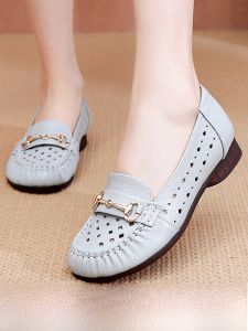 SHIPAILUO | Summer 2025 Hollow Out Mom Sandals Breathable Top Layer Cowhide Wide Round Toe Casual Style Metal Element Flat Heel Solid Color