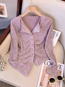 French Style Slim Fit Knitted Short Top Womens Autumn Winter Slimming Base Shirt Casual Commute Korean Version Pear Body Type