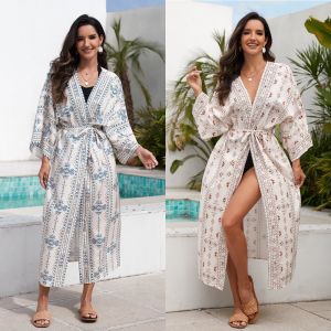 2025 In hoài cổ Bikini Bìa up phụ nữ dài tay áo áo dáng dài đi biển sọc thắt Áo kaftan đồ bơi mùa hè