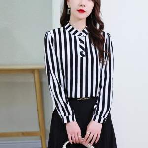 AMMIN 2024 Autumn Long Sleeve Classic Black and White Striped Stand Collar Long Sleeve Chiffon Shirt Womens Korean Style Fashion All-Match Elegant Blouse