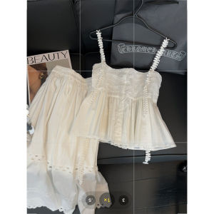 White Lace Set Women Sweet Spicy Style Unique Design Sensation Strap Vest Hollow A-Line Mini Skirt Two-Piece Set Fashionable Ensemble