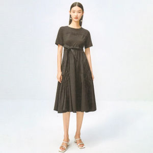 Pure Cotton Patchwork Dress Brand Womens Discount Summer 2025 Belted Casual Short Sleeve Daily Wear for Ladies