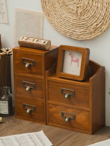 Desktop Drawer Style Storage Box Multi-layer Wooden Office Desk Small Box Bookshelf Organizer Student Retro Wooden Box