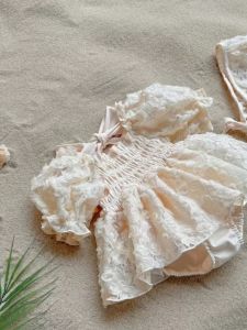 Korean Style Rose Petal Bubble Sleeve Jumpsuit Triangle Skirt Summer Womens Elegant Versatile Cotton Blend Short Sleeve Dress