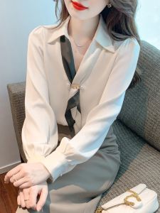 เสื้อเชิ้ตผู้หญิงแขนยาวผ้าชีฟองสไตล์ฝรั่งเศส คอวี เสื้อเชิ้ตแฟชั่นฤดูใบไม้ผลิและฤดูใบไม้ร่วง ใส่ด้านในได้ เสื้อเชิ้ตผู้หญิง