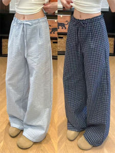YIFANSHI | Blue Plaid Ruffle Edge High Waist Loose Wide Leg Pants