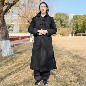 Mens Thickened Cotton Pressed Flower Cotton Hooded Long Robe Tai Chi Uniform Traditional Chinese Martial Arts Clothing