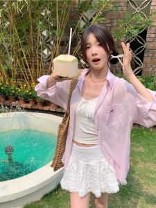 Sun Protection Embroidered Long Sleeve Shirt for Girls Summer Fashionable Loose Fit Polo Collar Single Button Closure Thin