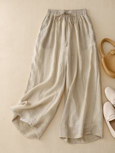 Retro Ramie Double Layer Straight-Leg Pants Womens Summer Thin Lace up Elastic Waist Cotton Linen Wide Leg Cropped Pants Plus Size Plus Size Ladies