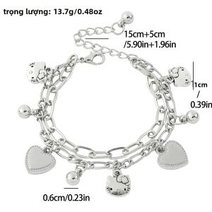 Sanrio | Vòng Tay Charm Nhiều Lớp Hello Kitty Tông Màu Bạc Dây Đeo Tay Hợp Kim Kẽm Có Thể Điều Chỉnh Với Charm Hình Kitty & Trái Tim Dành Cho Bé Gái
