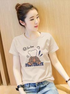 เสื้อยืดคอกลมแขนสั้นผ้าฝ้ายแท้สไตล์เกาหลีสำหรับผู้หญิงในช่วงฤดูร้อน เสื้อผ้าทำงานสไตล์เรียบง่ายลำลองสำหรับผู้หญิงวัย 18-35 ปี