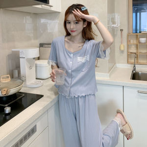 Summer Cotton Floral Print Sleepwear Set Short Sleeve Three-Piece Suite Womens Home Clothes Set Casual Sweet Style Long Pants