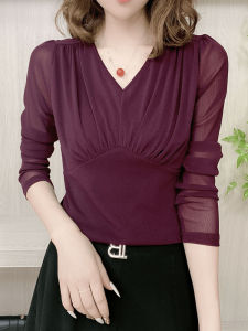 Fashionable Mommy Style Long Sleeve V-Neck Pleated Solid Color Mesh Base Shirt Womens Top Spring Autumn New Arrival