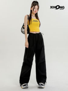 กางเกงทำงานแห้งเร็วสไตล์อเมริกันสำหรับผู้หญิง กางเกงขายาวทรงหลวมเอวสูง ทรงเข้ารูป ทรงกระบอก ทรงลำลอง ฤดูร้อน 2024