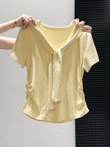 Áo Thun Nữ Tay Ngắn Màu Vàng Mùa Hè 2025 Phong Cách Hàn Quốc Thiết Kế Giả Hai Mảnh Áo Khoác Vai Cao Cấp Của Hangzhou