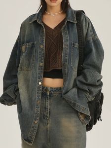 Thời Trang Phong Cách Thành Phố Áo Khoác Denim Uni Retro Có Thể Giặt Nghiêng Viền Dáng Rộng Công Sở Áo Khoác Ngoài Cho Mùa Xuân Và Mùa Thu