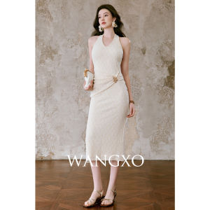 WANGXO | Đầm Mermaid Ôm Dáng Trung Bình Cổ Xẻ Chéo Có Kim tuyến