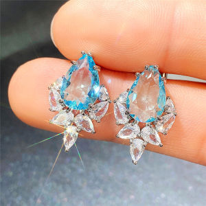 Huitan Pink/Green/Blue Pear Shaped CZ Stud Earrings Women Small Fresh Ear Accessories for Dance Party Gift Fashion Jewelry