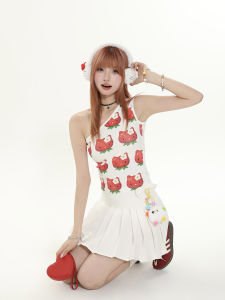 Áo Vest Không Tay Ôm Vừa Vặn in Hình Quả Mâm Xôi Mùa Hè Phong Cách Ngọt Ngào Không Tay Vai Chéo Cổ Chữ V Không Tay Áo Vest