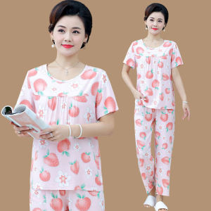 Middle-Aged and Elderly Pajamas Womens Summer Womens Cotton Silk Home Wear Suit Mother-in-Law Short Sleeve plus Size Two-piece Set