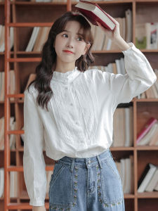 Sweet Artistic Stand Collar Long Sleeve White Shirt Womens Fashion Small Size Wooden Edge Bounded Versatile Top for Autumn 2024
