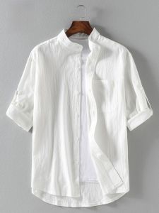 ROMON | Lomond Mens Linen Shirt Ice Silk Thin Summer Seven-Quarter Short Sleeve Casual Stand Collar Loose Iron-Free Shirt Jacket