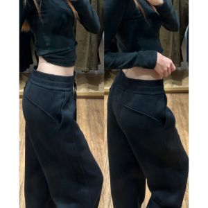 Black Casual Drapey Extended Length Wide Leg Pants Womens High Waist Straight Leg Knitted Sporty Sweatpants Autumn New Style