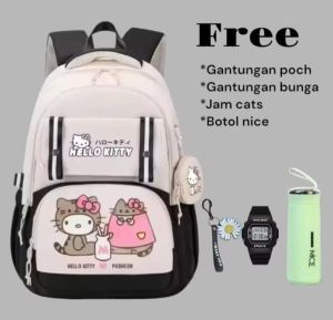 Tas sekolah ransel anak perempuan remaja SD SMP motif hello Kitty gratis botol minum jam tangan gantungan tas bunga tas sekolah anak perempuan remaja tas ransel
