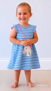 Kid Children Stripe Girl Dress Short sleeve with unicorn patch | Pakaian Dress kanak-kanak