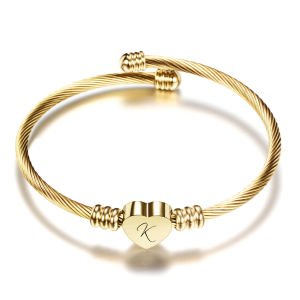 Gold Color Heart Charm Cable Initial Bracelet for Women Girls 26 Letters A to Z Alphabet Bracelets bangles