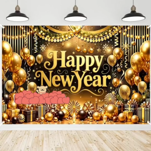 Reusable 180*110cm Polyester New Year 2027 Christmas Backdrop with Rich Patterns and "Happy New Year" Text