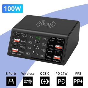 100W USB Charger Station Wireless Charger QC PD3.0 Quick Charge 8 Ports Multi Chargers Wall Charge Hub For Phone Tablet Accessories