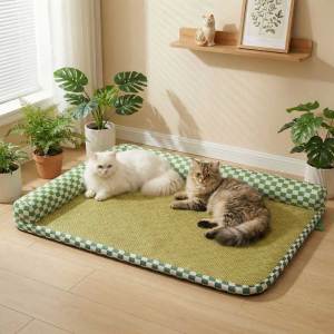 Lovinland Pet Summer Cooling Pet Bed Green Checkered Design Breathable Rattan Mat for Cats & Small Dogs L-Shaped Cooling Pet Bed Checkered Neck Protection Detachable Washable
