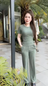 Đồ Bộ Cổ Tròn Tay Ngắn Quần Suông chất liệu gân đũa lạnh đồ bộ nữ mặc nhà đồ bộ ủ kem
