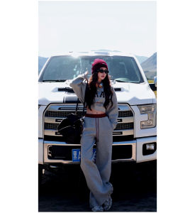 Fall 2024 Fashionable Letter Print Long Sleeve Sweatshirt High Waist Wide Leg Casual Pants Two Piece Set Color Block Design