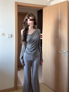 Retro Grey Lazy Style Diagonal Shoulder Long Sleeve T-Shirt Womens Spring Autumn Slimming High-End Versatile Elegant Top